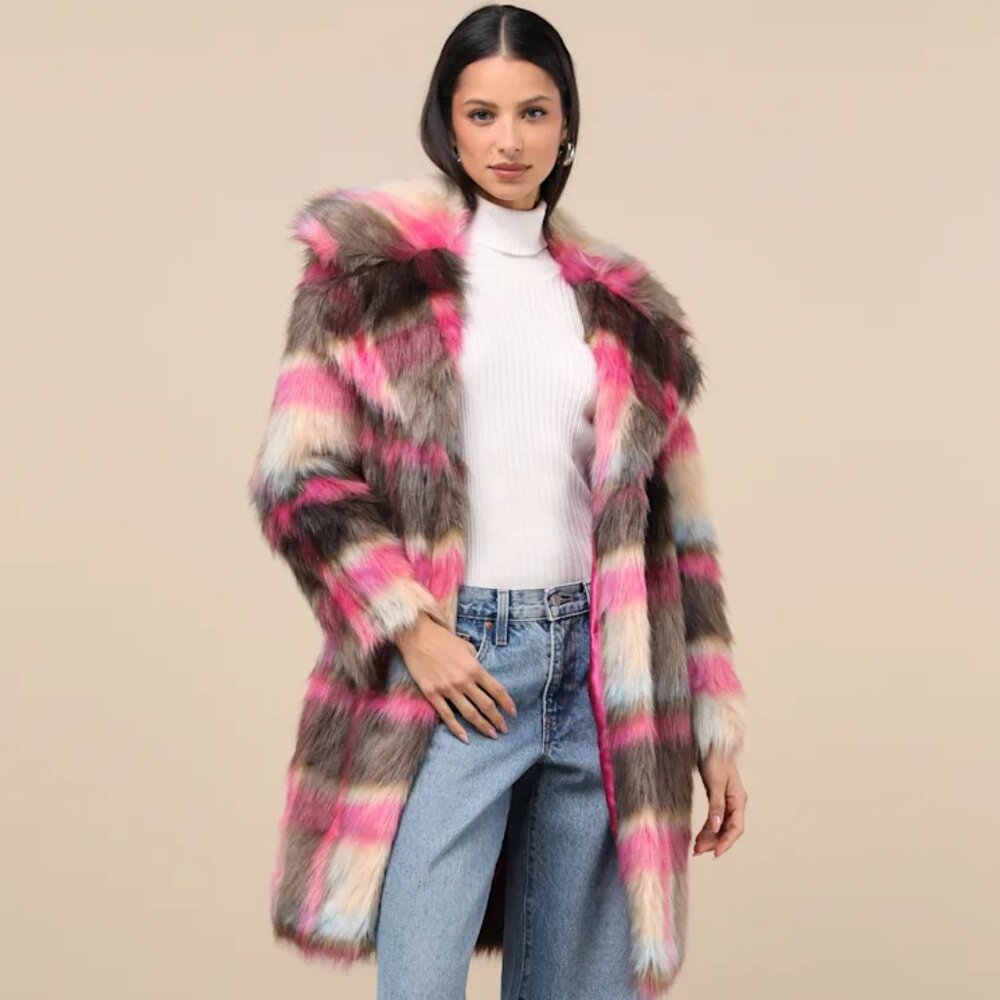 NEW WITH TAGS MEDIUM- NVLT Fancy Brown and Fuchsia Plaid Faux Fur Coat